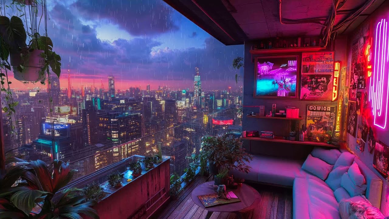 1990s LoFi City 🌧️🌆 | Cozy Balcony Between Two Worlds • Rain Playlist to Relax & Study